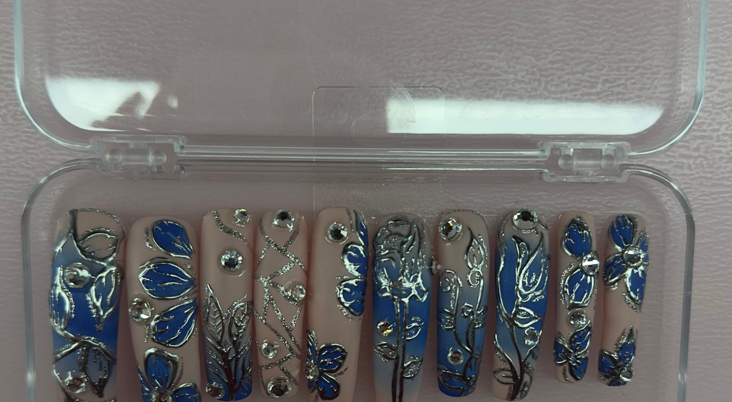 StarStruck Elegance Press-On Nails | Blue Floral Luxury Rhinestone Nails | Austin,TX– LBN