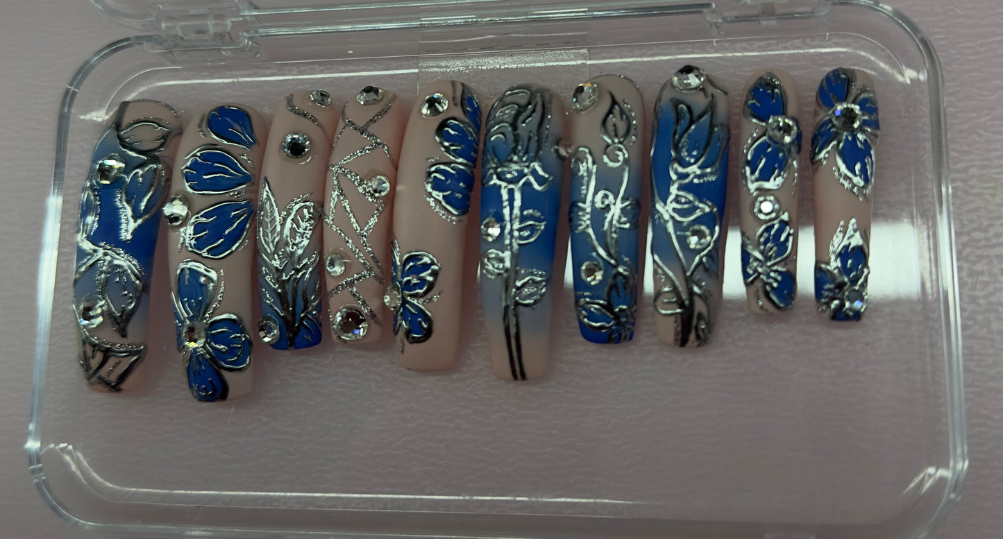 StarStruck Elegance Press-On Nails | Blue Floral Luxury Rhinestone Nails | Austin,TX– LBN
