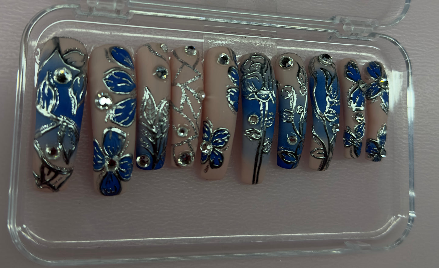 StarStruck Elegance Press-On Nails | Blue Floral Luxury Rhinestone Nails | Austin,TX– LBN