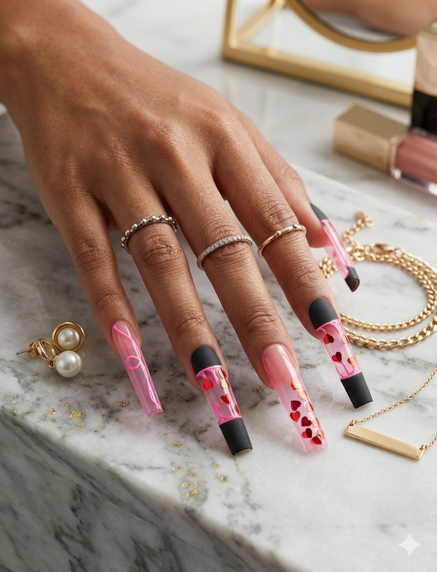 Sweetheart Lava – Pink Drip Heart Press-On Nails (Small, 14pc Handmade Set)