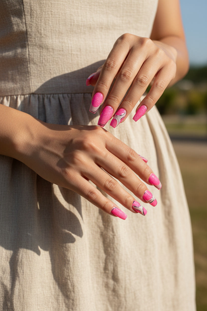 Boom! Babe – Pink Pop Art Glitter Press-On Nails | Austin,TX (Medium, 14pc Handmade Set)