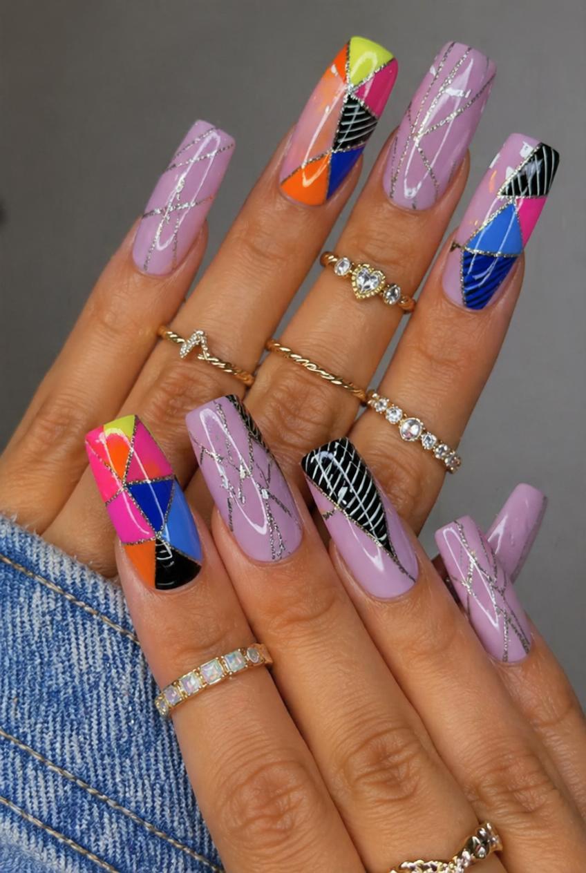 Color Pop Chaos – Abstract Acrylic Press-On Nails |Austin, TX (Size Medium, 14pc Set)