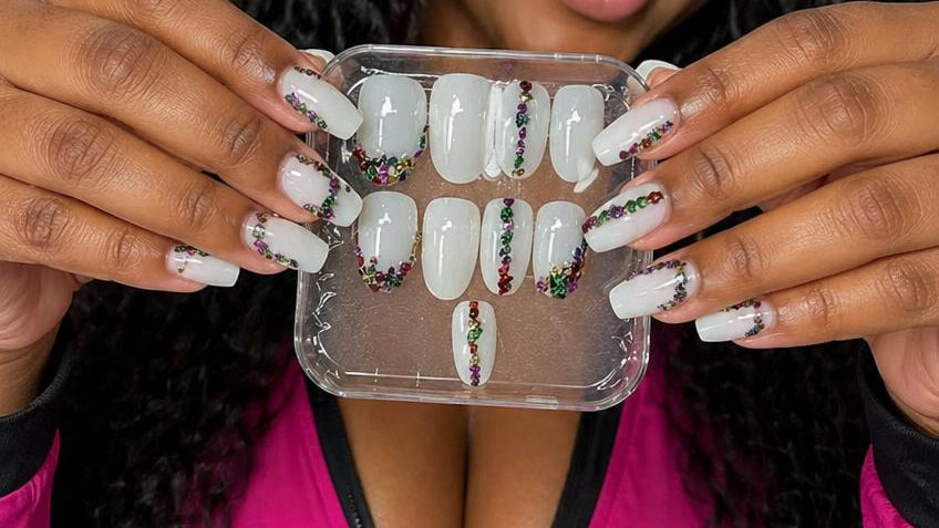Confetti Crown – White Press-On Nails with Gem French Design | Austin, TX (XL/Large, 10pc Set)