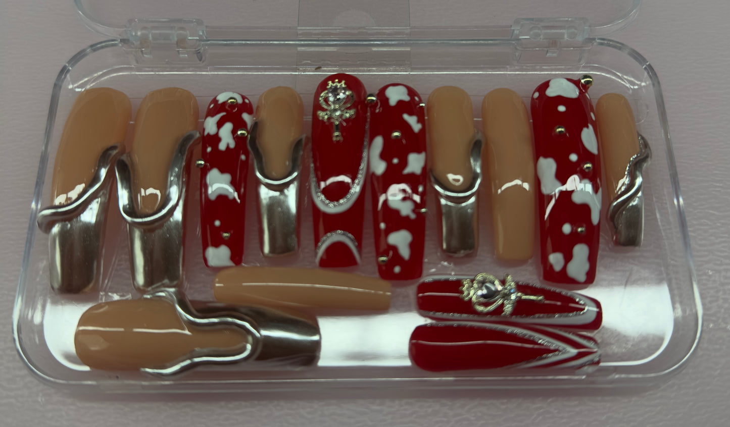 Cowgirl Chrome- Red Western Glam Press-on Nail (Medium, 14 pc Handmade Set)