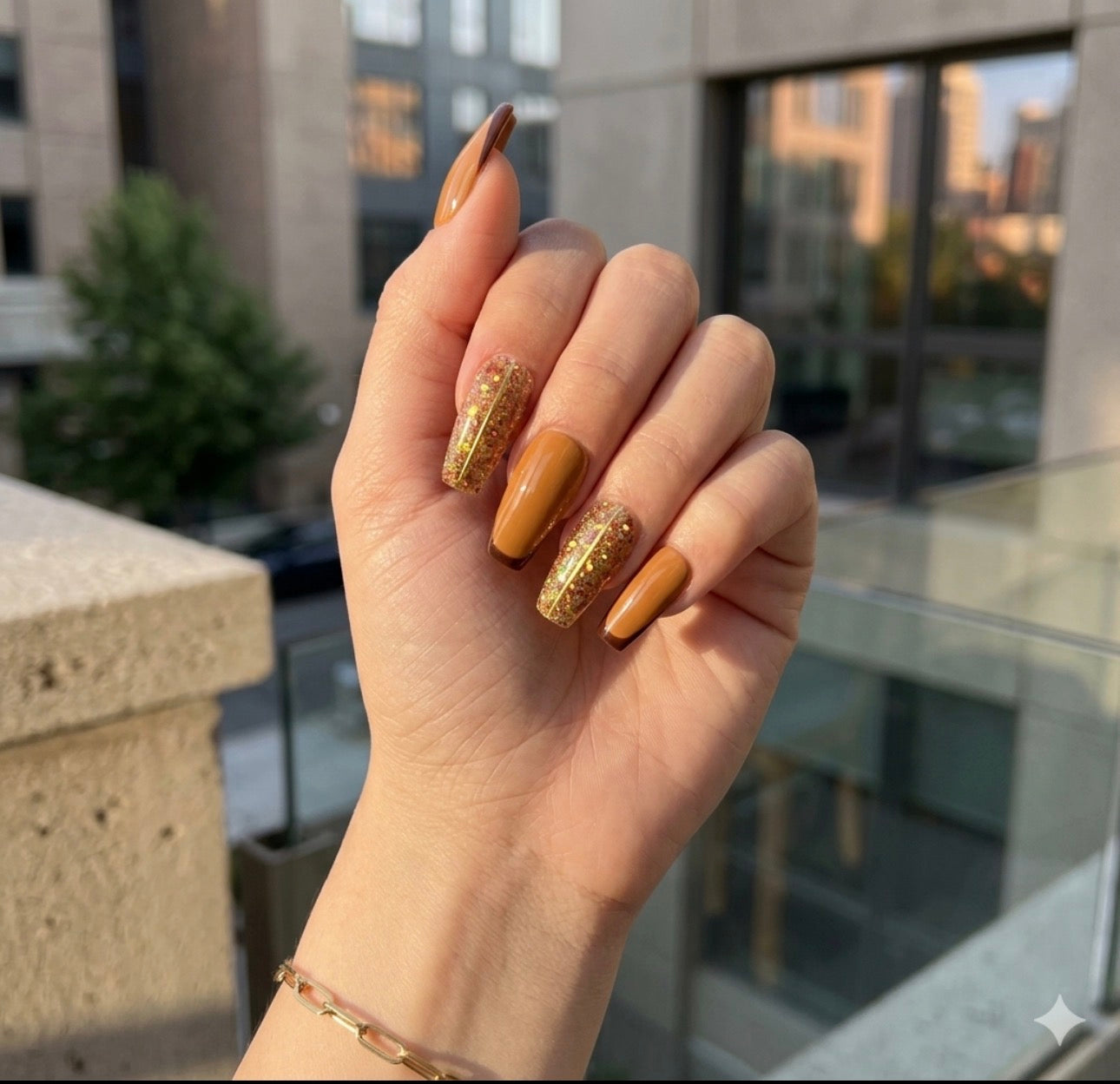 Autumn Luxe French – Brown & Gold Glitter Press-On Nails | Austin, TX  (Size Small, 14pc Set)