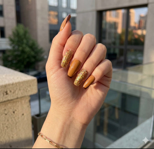 Autumn Luxe French – Brown & Gold Glitter Press-On Nails | Austin, TX  (Size Small, 14pc Set)