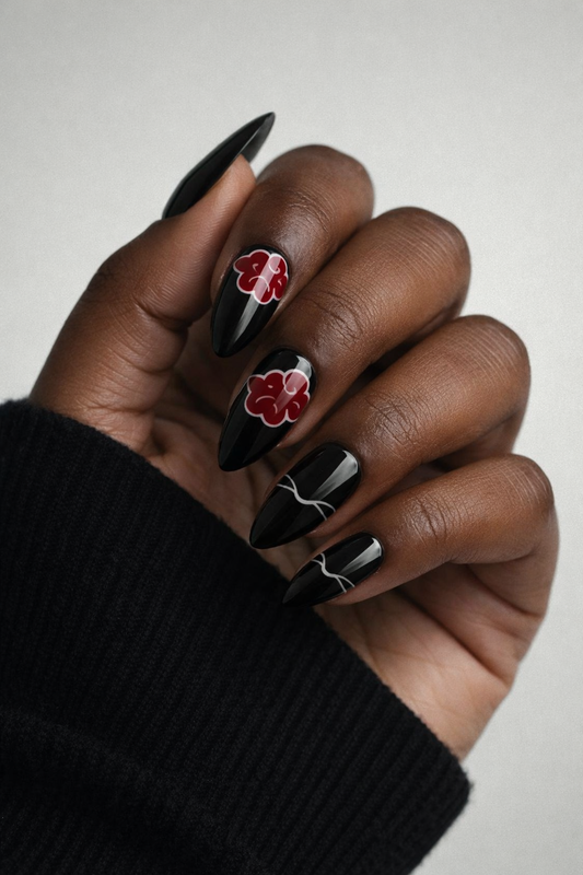 Midnight Akatsuki – Anime Inspired Black & Red Press-On Nails (Medium, 14pc Handmade Set)