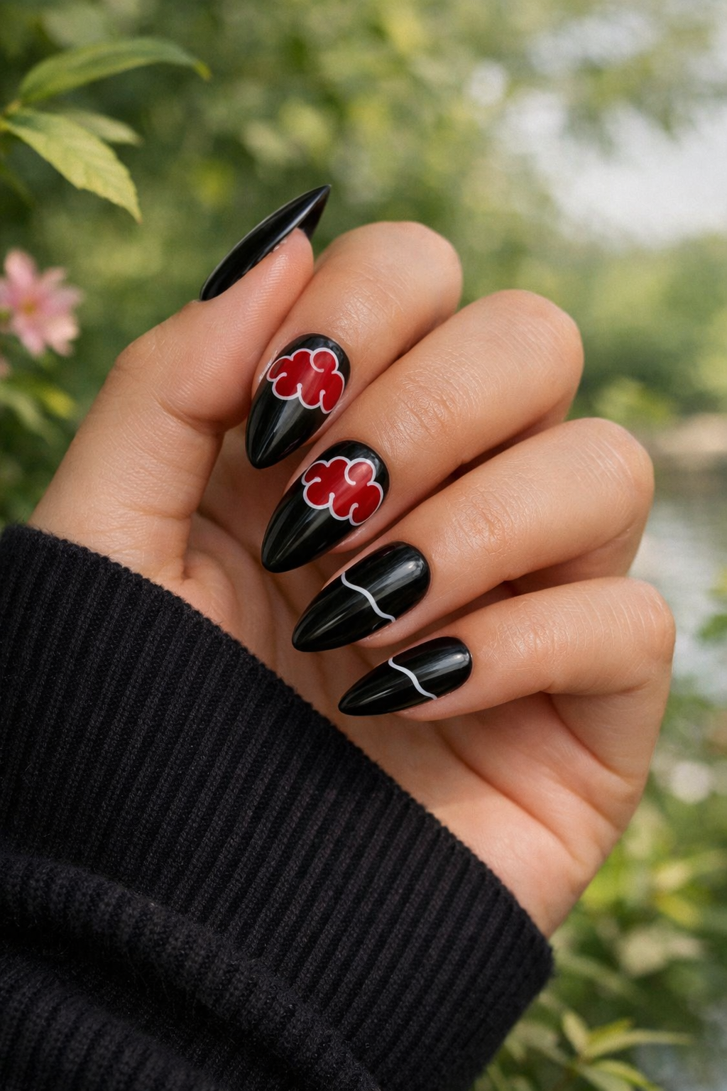 Midnight Akatsuki – Anime Inspired Black & Red Press-On Nails (Medium, 14pc Handmade Set)