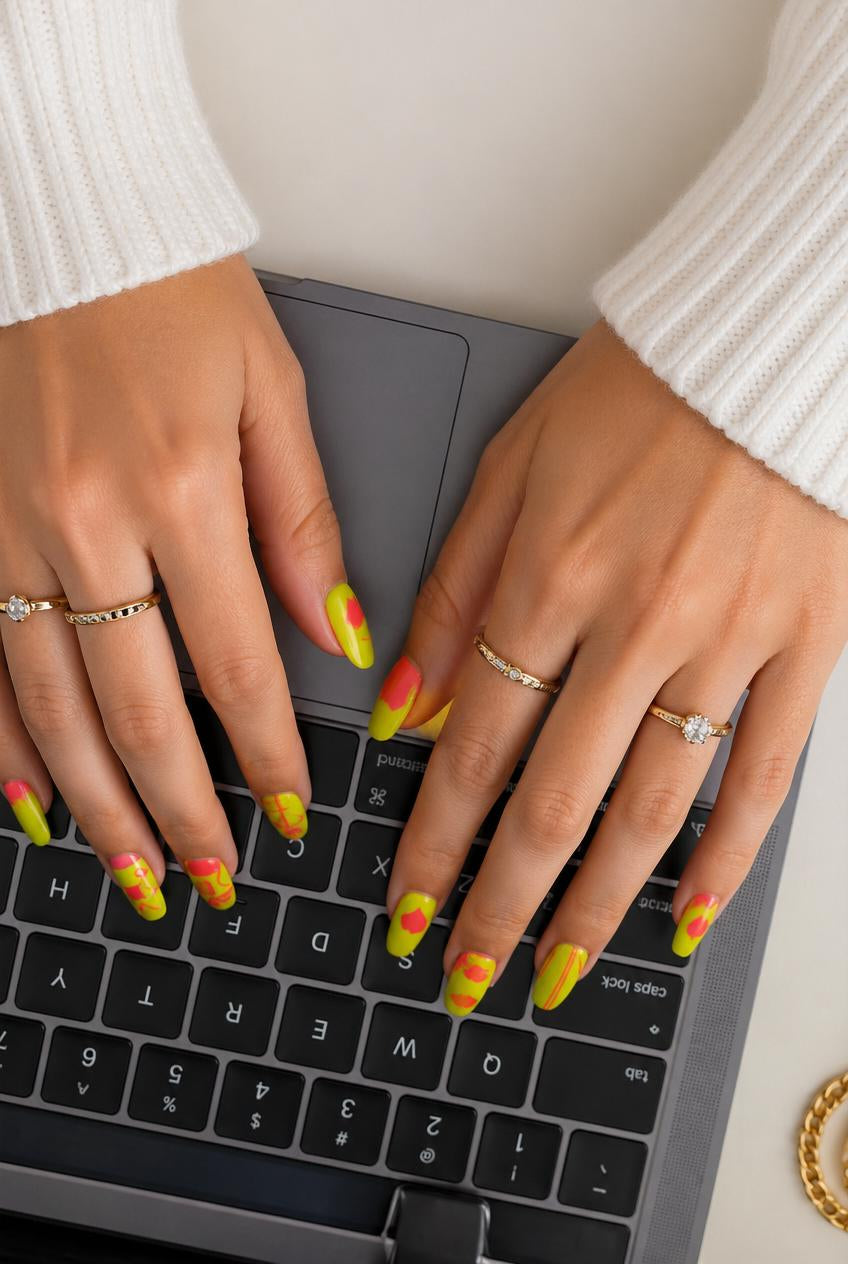 Neon Love Rush – Lime & Pink Heart Press-On Nails | Austin, TX (XL/Large, 14pc Set)