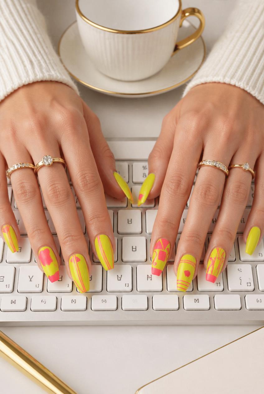Neon Love Rush – Lime & Pink Heart Press-On Nails | Austin, TX (XL/Large, 14pc Set)