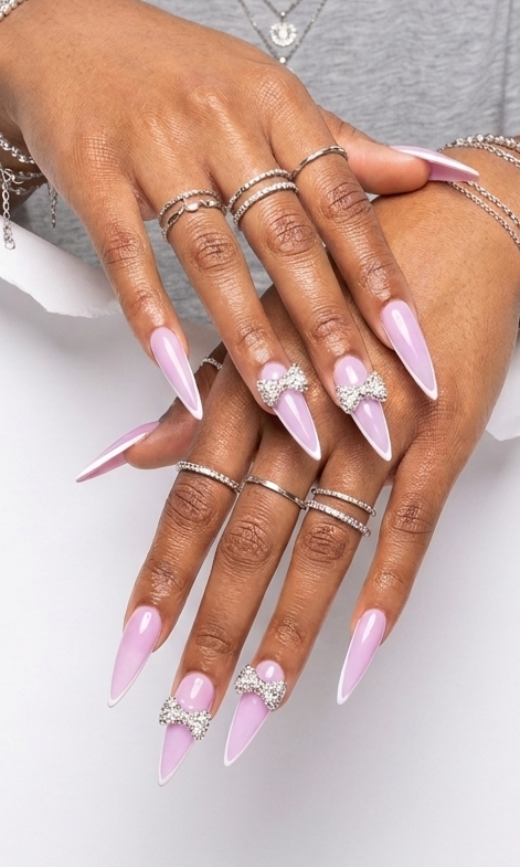 Pink Crystal Princess – Handmade Long Stiletto Press-On Nails (Medium, 14pc Set)