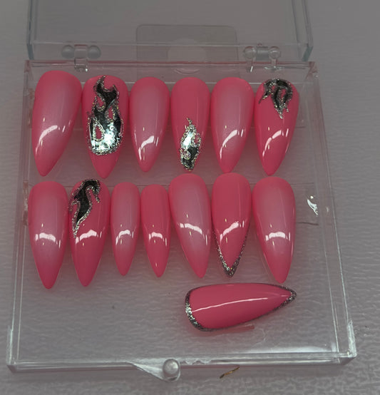 Pink Inferno – Chrome Flame Press-On Nails| Austin, TX (Size X-Small, 14pc Set)