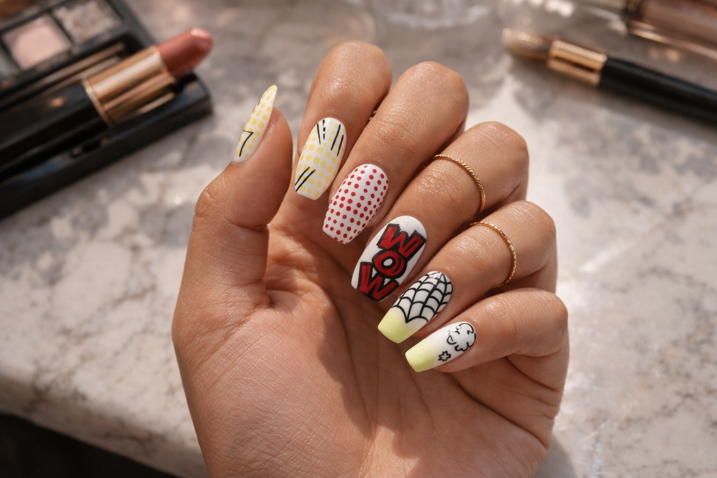 Pop Art Punch – Neon Comic Press-On Nails (Medium, 14pc Handmade Set)