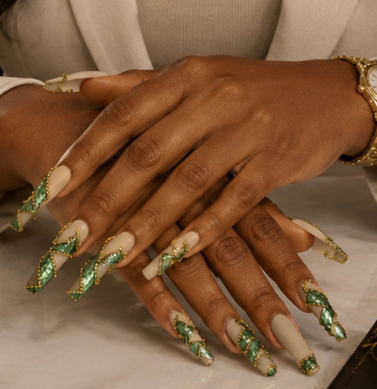 Royal Ivy – 3D Green & Gold Luxury Press-On Nails (Large, 14pc Handmade Set)