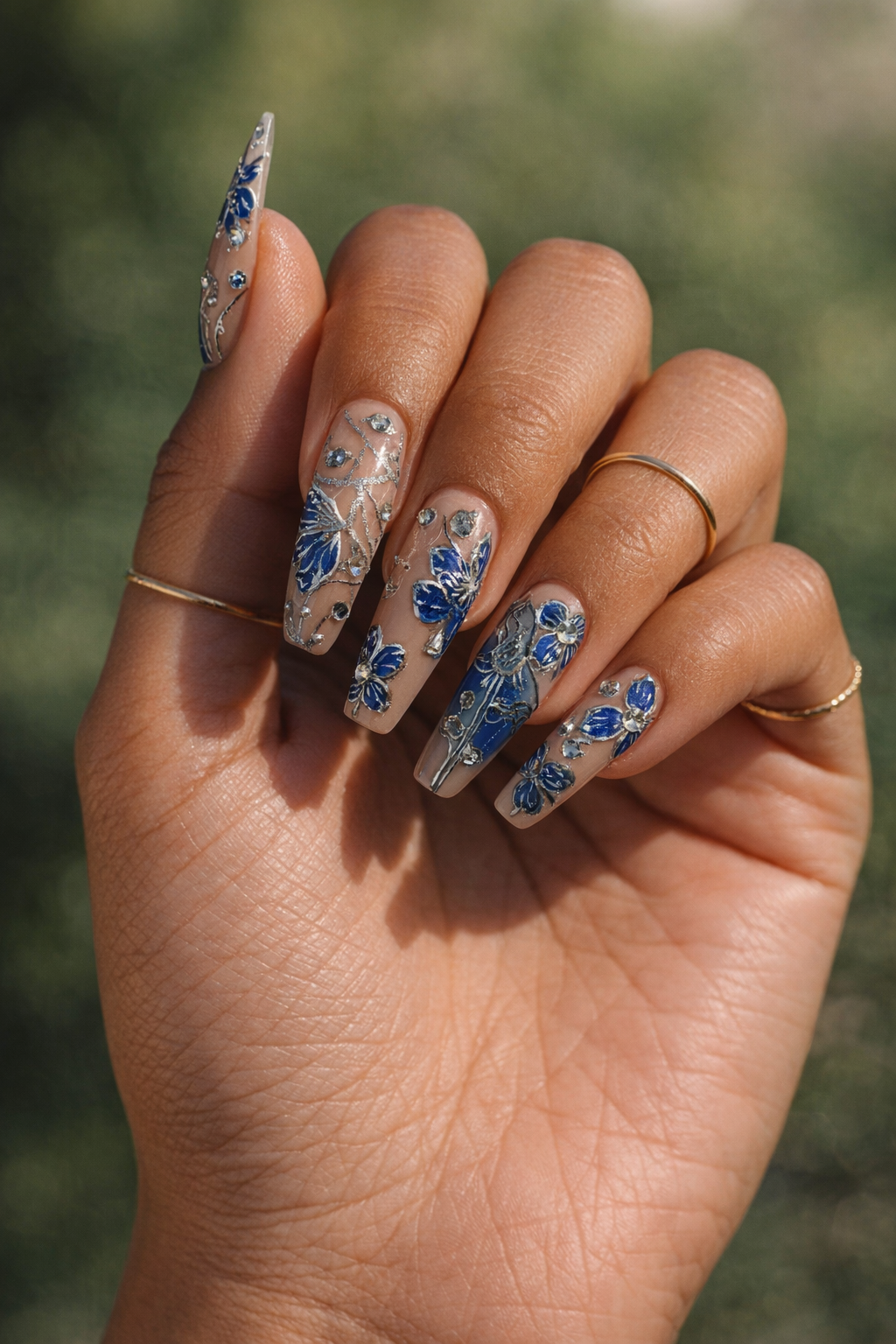 StarStruck Elegance Press-On Nails | Blue Floral Luxury Rhinestone Nails | Austin,TX– LBN