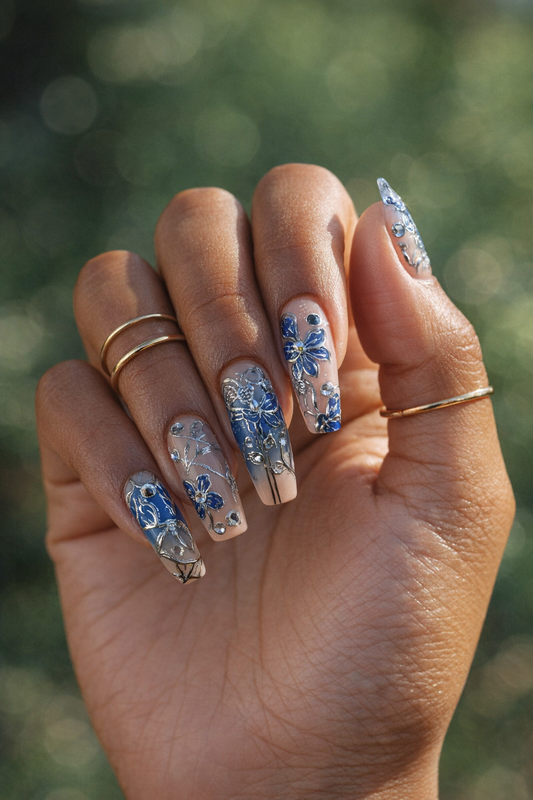 StarStruck Elegance Press-On Nails | Blue Floral Luxury Rhinestone Nails | Austin,TX– LBN